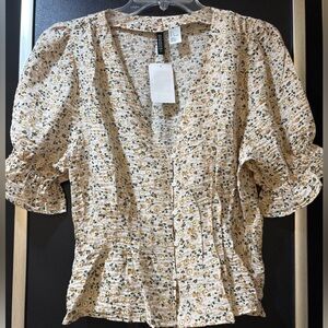Divided Cream Floral Puff Sleeve Blouse